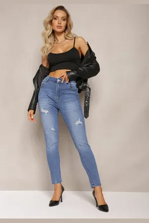 Renee Granatowe Dopasowane Jeansy Skinny z Efektem Push Up i Przedarciami Avotia