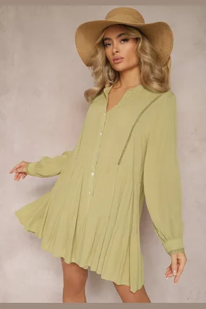 Renee Zielona Rozkloszowana Sukienka Koszulowa Mini w Stylu Boho Binessa