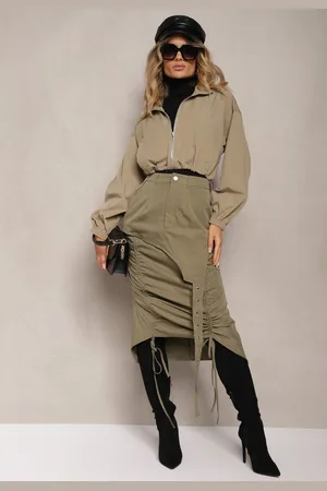 Renee Ciemnozielona Spódnica Midi High Waist z Ozdobnym Paskiem i Troczkami Ferronia