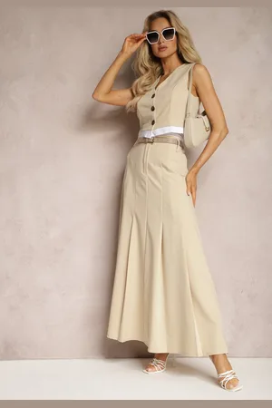 Renee Beżowa Spódnica Długa Rozkloszowana High Waist Leoraia