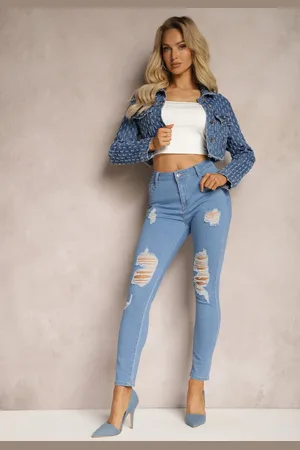 Renee Niebieskie Jeansy Skinny Push-Up z Przetarciami z Przodu i Suwakiem Randda