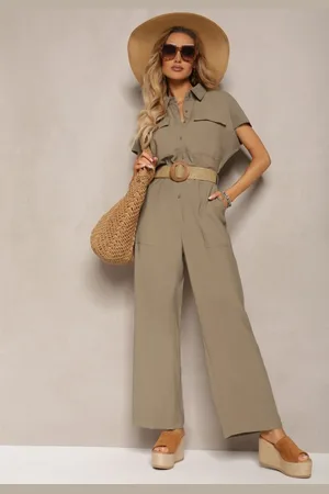 Renee Ciemnozielony Kombinezon w Stylu Utility z Koszulową Górą i Plecionym Paskiem Dexara