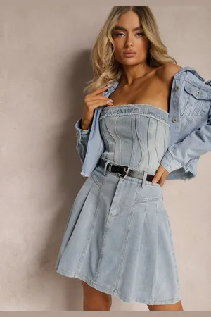 Renee Jasnoniebieska Bawełniana Spódnica Jeansowa High Waist o Rozkloszowanym Fasonie Risat