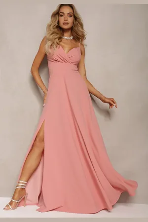 Renee Ciemnoróżowa Elegancka Sukienka o Rozkloszowanym Kroju z Rozcięciem na Ramiączkach z Kopertowym Dekoltem Winelia