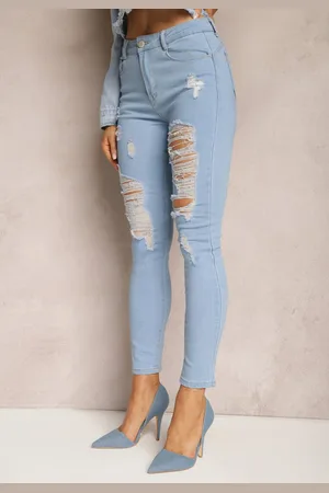 Renee Niebieskie Jeansy Skinny High Waist z Przetarciami i Dziurami Aventoa