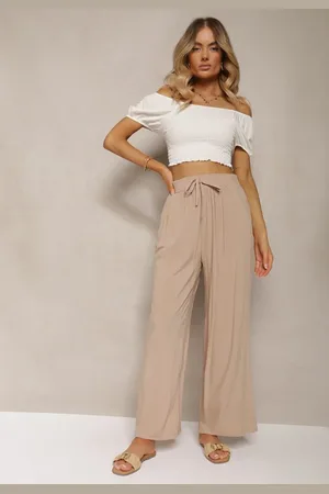 Renee Beżowe Bawełniane Spodnie Palazzo High Waist z Gumką w Pasie Gitanea