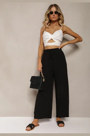 Renee Czarne Bawełniane Spodnie Palazzo High Waist z Gumką w Pasie Gitanea