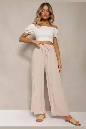 Renee Jasnobeżowe Bawełniane Spodnie Palazzo High Waist z Gumką w Pasie Gitanea