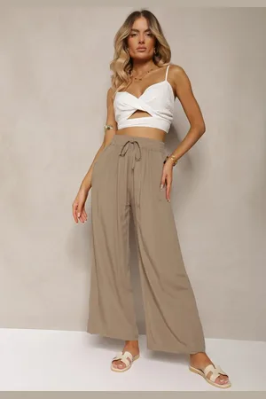 Renee Ciemnobeżowe Bawełniane Spodnie Palazzo High Waist z Gumką w Pasie Gitanea