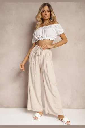 Renee Beżowe Spodnie Palazzo High Waist z Bawełny Wykończone Gumką w Talii Nellsea