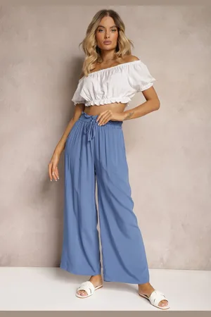 Renee Niebieskie Spodnie Palazzo High Waist z Bawełny Wykończone Gumką w Talii Nellsea
