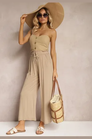 Renee Jasnobeżowe Spodnie Palazzo High Waist z Bawełny Wykończone Gumką w Talii Nellsea