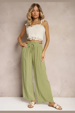 Renee Zielone Spodnie Palazzo High Waist z Bawełny Wykończone Gumką w Talii Nellsea