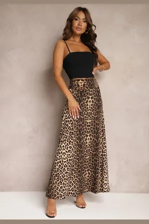 Renee Brązowa Rozkloszowana Spódnica w Panterkę High Waist z Marszczeniem w Pasie Nolisea