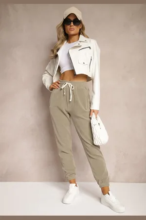 Renee Ciemnozielone Dresowe Spodnie z Bawełną High Waist Wykończone w Pasie Gumką Ekadela