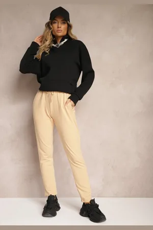 Renee Beżowe Casualowe Spodnie z Bawełny High Waist z Gumką w Pasie Beliefra