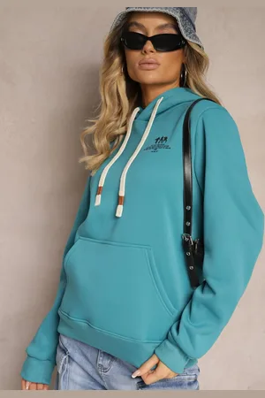 Renee Niebieska Bluza z Bawełną i Kapturem Ozdobiona Sznurkami Basaria