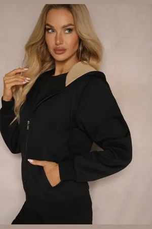 Renee Czarna Bluza Rozpinana z Dodatkiem Bawełny Ozdobiona Kontrastowym Kapturem Arstoia