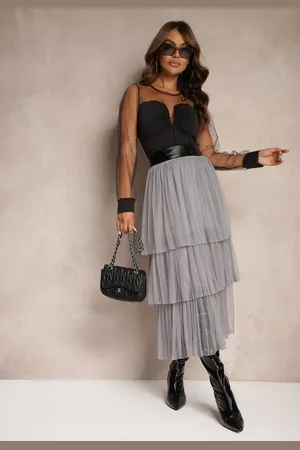 Renee Szara Tiulowa Spódnica Rozkloszowana z Plisowaniem High Waist Eveleena