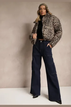 Renee Granatowe Jeansy z Bawełną o Szerokim Kroju High Waist z Kieszeniami Cargo Phirinna