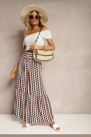 Renee Pomarańczowo-Granatowe Spodnie z Wiskozy High Waist Typu Palazzo z Gumką w Talii Tiimacella