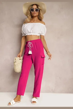 Renee Fuksjowe Spodnie High Waist o Kroju Bojówek z Kieszeniami Wykończone Gumką w Pasie Efiene