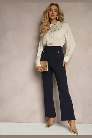 Renee Granatowo-Beżowy Kombinezon z Koszulową Górą Zdobiony Wiązaniem i Eleganckimi Guzikami Eliti