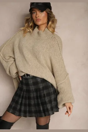 Renee Czarne Trapezowe Spódnico-Spodenki Plisowane z Wiskozą High Waist w Kratę z Paskiem Filiana