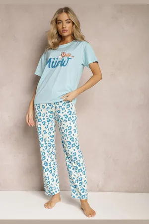 Renee Jasnoniebieski Komplet Piżamowy T-shirt z Nadrukiem i Proste Spodnie w Cętki i Szorty Nirelsa