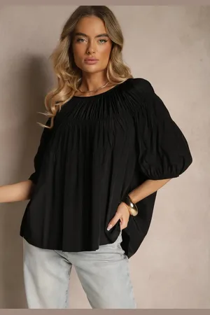 Renee Czarna Bluzka z Wiskozą o Fasonie Oversize z Gumkami w Ramionach Alirona