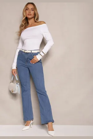 Renee Niebieskie Jeansy z Bawełną High Waist o Fasonie Dzwonów Celinsse