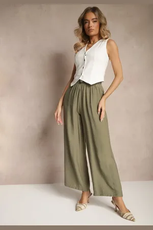 Renee Zielone Spodnie o Szerokim Kroju High Waist z Wiązaniem Fenalin