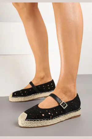 Renee Czarne Płaskie Espadryle z Plecionką i Ażurową Cholewką Aralithra