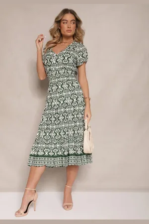 Renee Zielona Rozkloszowana Sukienka z Bawełny w Print Paisley Lanarisa