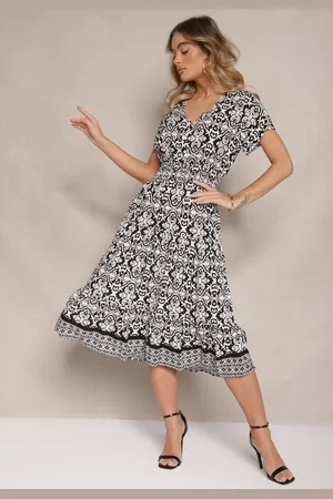 Renee Biało-Czarna Rozkloszowana Sukienka z Bawełny w Print Paisley Lanarisa