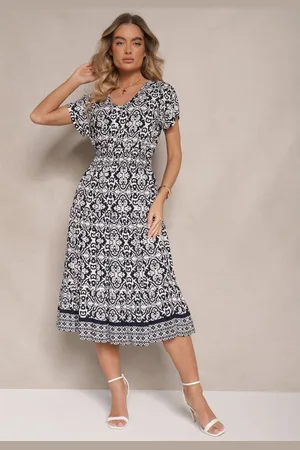 Renee Granatowa Rozkloszowana Sukienka z Bawełny w Print Paisley Lanarisa