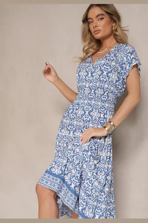 Renee Niebieska Rozkloszowana Sukienka z Bawełny w Print Paisley Lanarisa