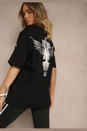 Renee Czarna Koszulka T-shirt Ozdobiona Nadrukiem na Plecach Arilora