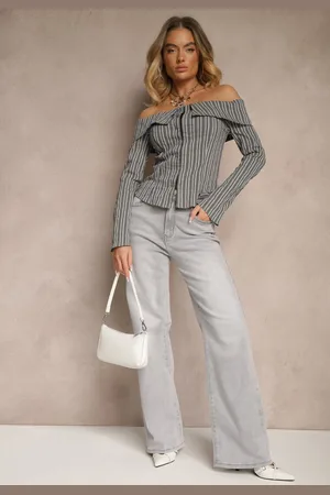 Renee Jasnoszare Jeansy High Waist o Szerokim Kroju Nimiella