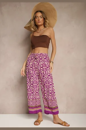 Renee Fioletowe Szerokie Spodnie Culottes z Bawełny w Ornamentalny Print Lisanella