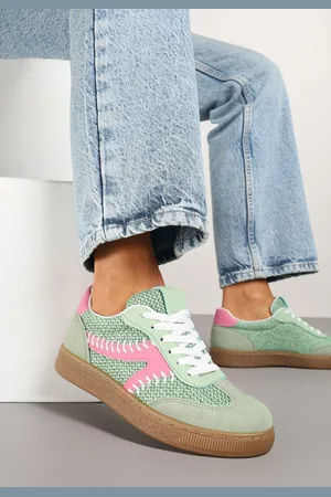 Renee Jasnozielone Sneakersy w Stylu Klasycznych Tenisówek Zdobione Przeszyciami i Tweedem Koriznne
