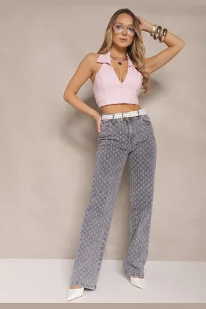 Renee Szare Jeansy High Waist o Szerokim Kroju z Ozdobnymi Tłoczonymi Przetarciami Ulanisea