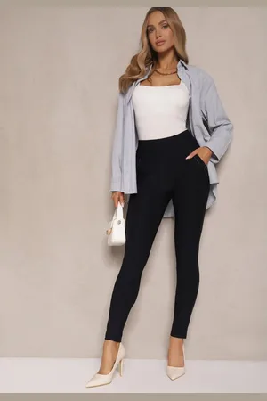 Renee Granatowe Dopasowane Spodnie High Waist z Gumką w Talii Rivbia