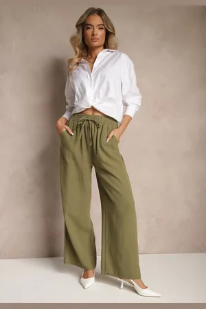 Renee Zielone Szerokie Spodnie Palazzo High Waist z Ozdobnym Wiązaniem Arandiel