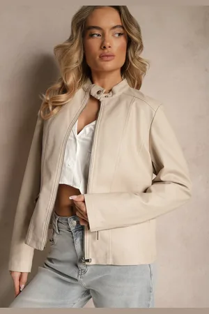 Renee Beżowa Kurtka w Stylu Ramoneski z Ozdobnym Paskiem Sovvezia