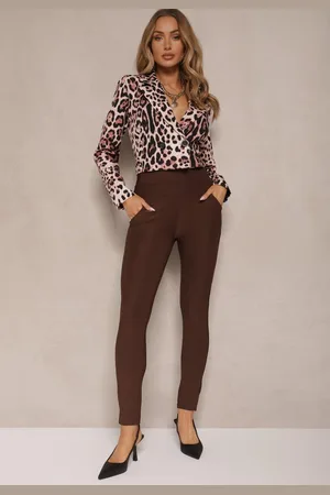 Renee Brązowe Spodnie Skinny High Waist z Gumką w Talii Ivelbia