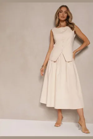 Renee Beżowa Rozkloszowana Spódnica z Bawełną High Waist Katavira