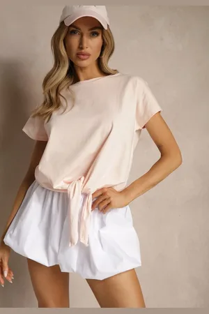 Renee Jasnoróżowy Bawełniany T-shirt Wiązany u Dołu Sunalina