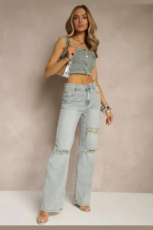 Renee Jasnoniebieskie Jeansy High Waist o Szerokim Kroju z Przetarciami Zeleldi