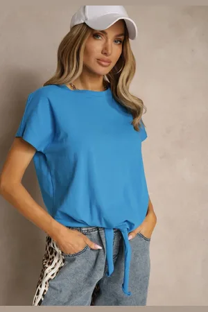 Renee Jasnoniebieski Bawełniany T-shirt Wiązany u Dołu Sunalina